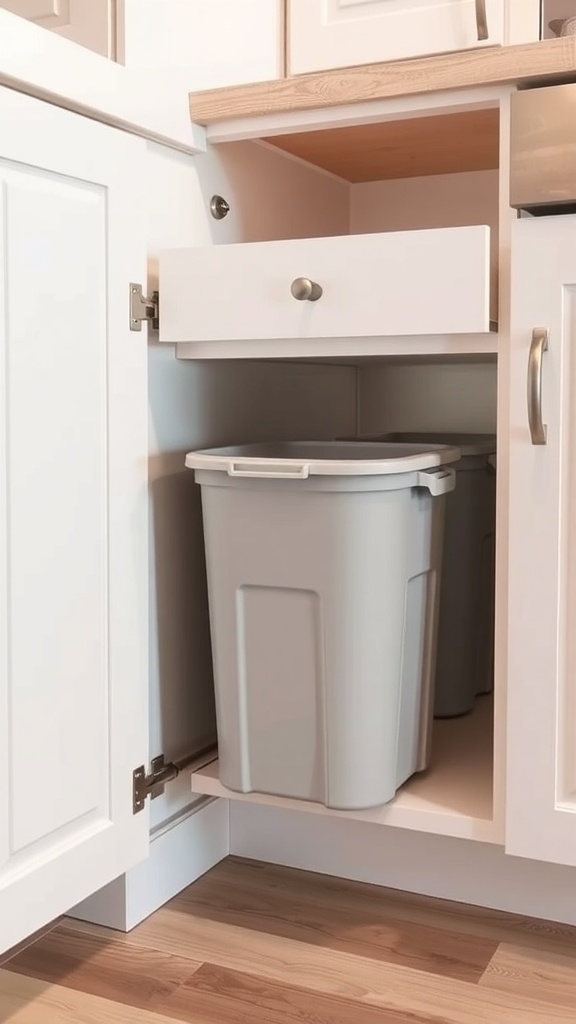 A pull-out trash bin inside a kitchen cabinet.