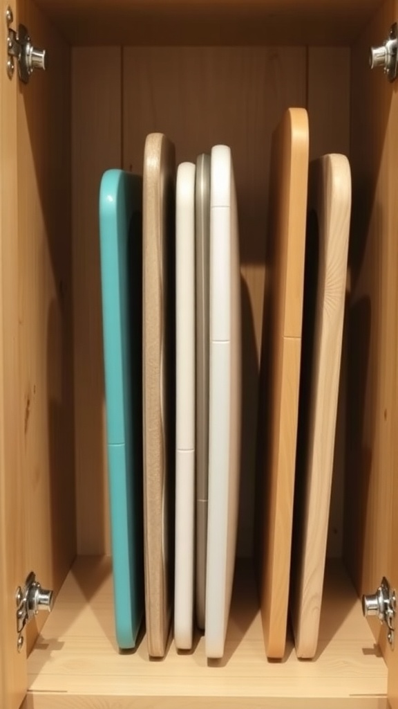 Vertical storage of baking sheets in a cabinet.