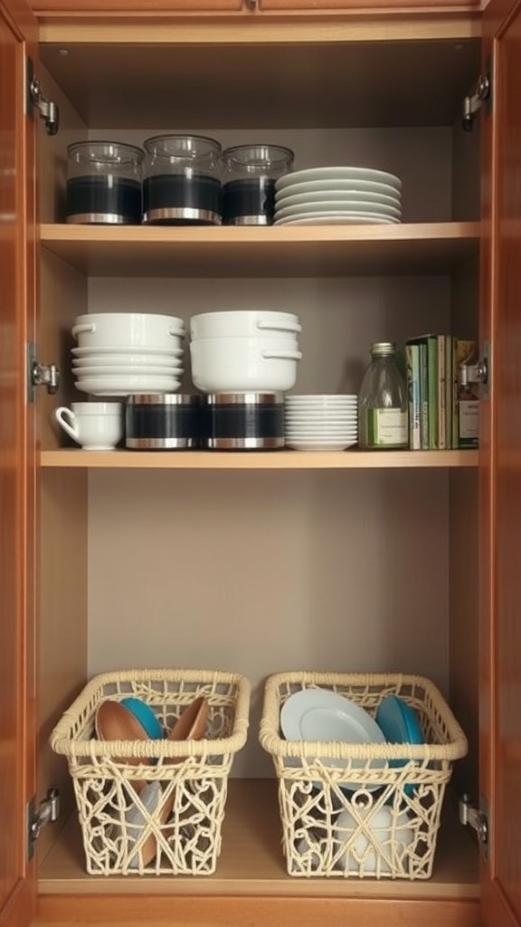 A kitchen cabinet with under-shelf baskets holding plates and utensils.