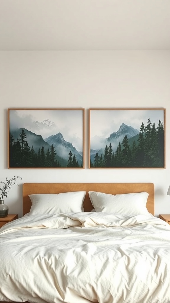 Two framed nature landscape paintings featuring mountains and forests above a bed.