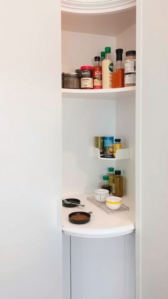 A corner cabinet featuring a Lazy Susan with various spices and condiments.