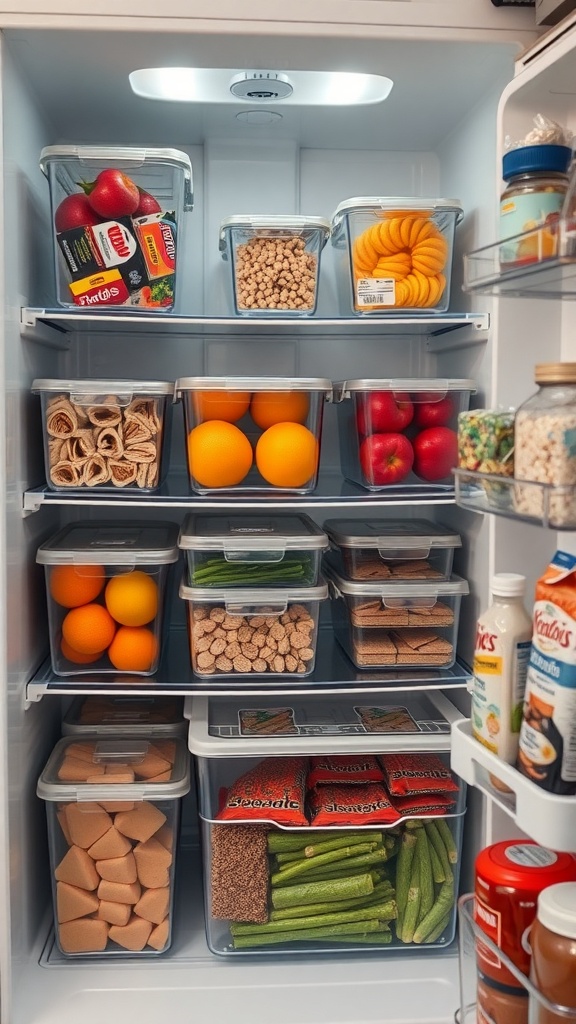Organized fridge with clear containers holding fruits, snacks, and vegetables.