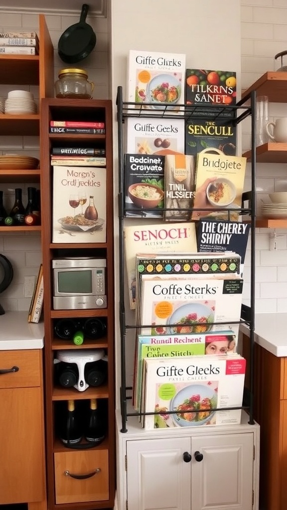 A stylish wine rack repurposed to hold various cookbooks in a modern kitchen.