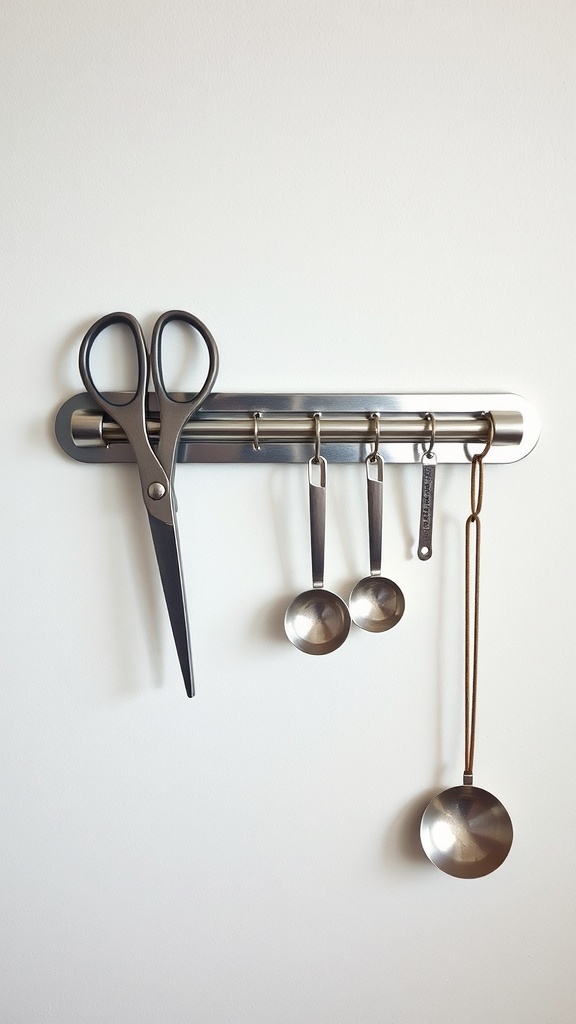 Magnetic strip with kitchen tools like scissors and measuring spoons