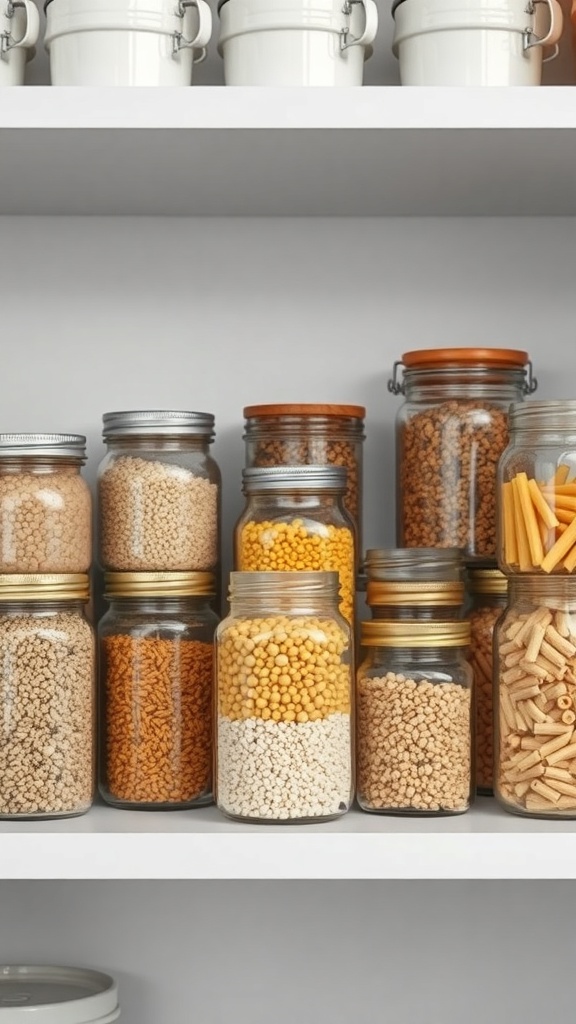 A variety of mason jars filled with different dry goods on a shelf.