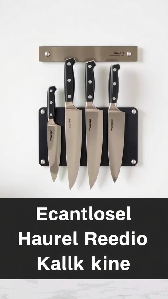 A wall-mounted knife rack displaying several kitchen knives.