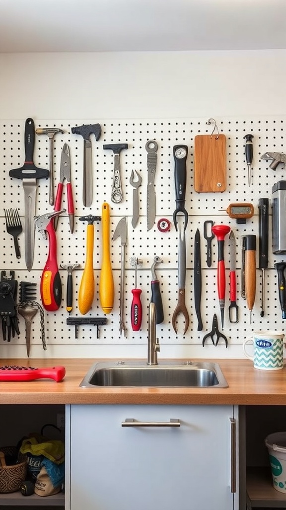 A pegboard displaying various kitchen tools and gadgets.