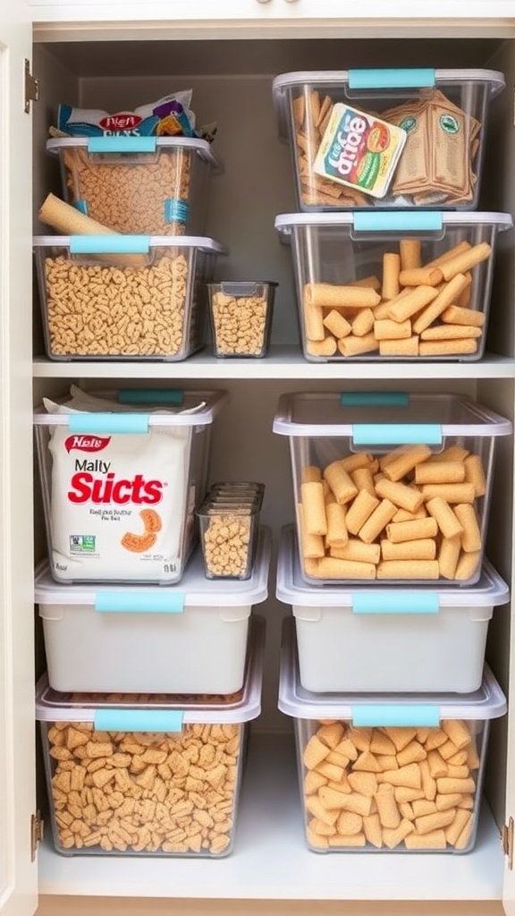 Organized stackable bins filled with various snacks in a kitchen cabinet.