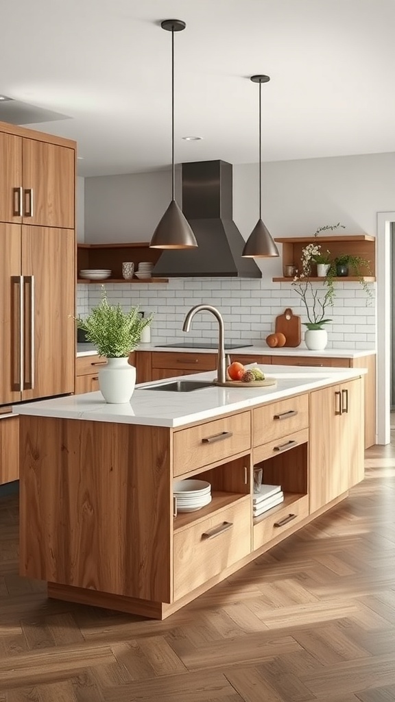 A modern kitchen island with wooden cabinetry and open shelves, showcasing a clean and organized space.