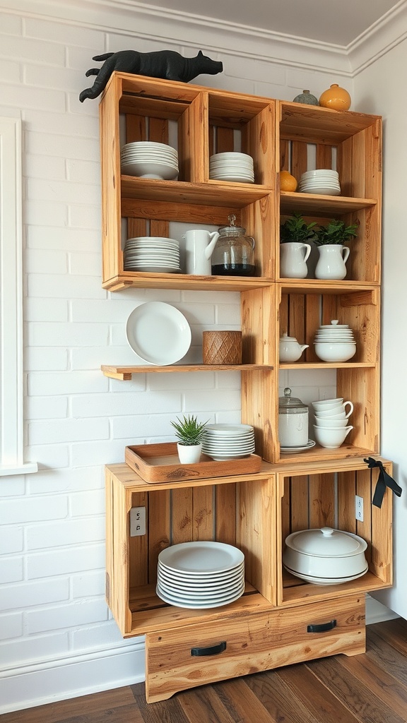 Open shelving made from repurposed wooden crates in a kitchen.