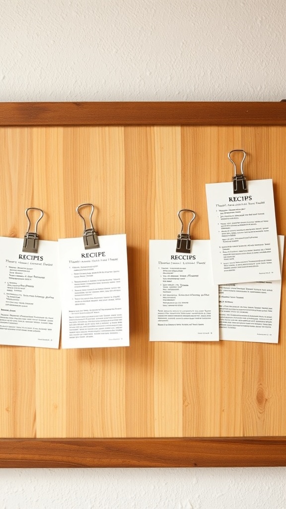 Recipe cards clipped to a wooden board for easy access.