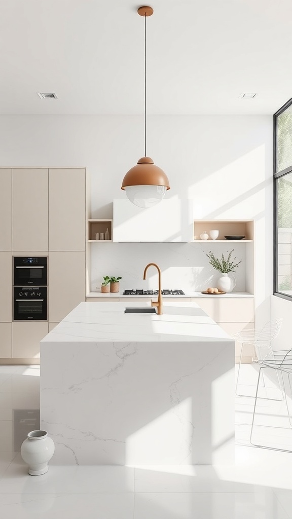 A minimalist kitchen featuring a marble island with a copper pendant light above.