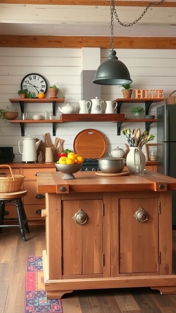 Rustic wooden farmhouse kitchen island with a bowl of lemons and decorative items.
