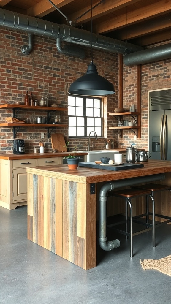 A stylish kitchen island made of wood and industrial pipes, featuring a modern design.