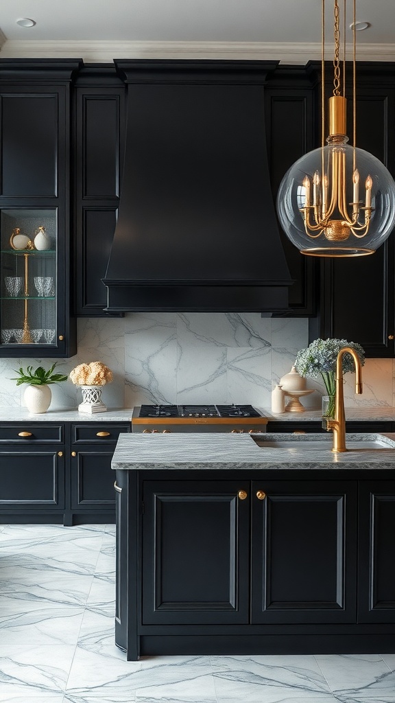 A stylish kitchen featuring a black and gold island with a marble countertop.