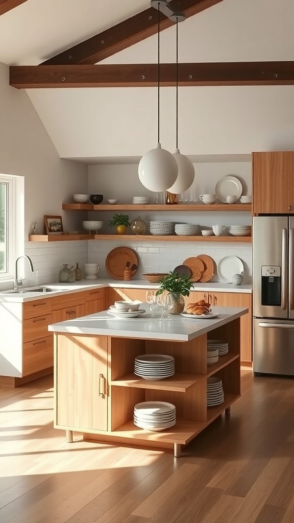 Stylish kitchen island with open shelving and modern decor.