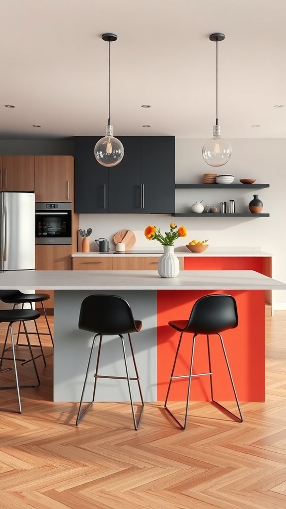A contemporary two-tone kitchen island featuring gray and red colors with black bar stools.