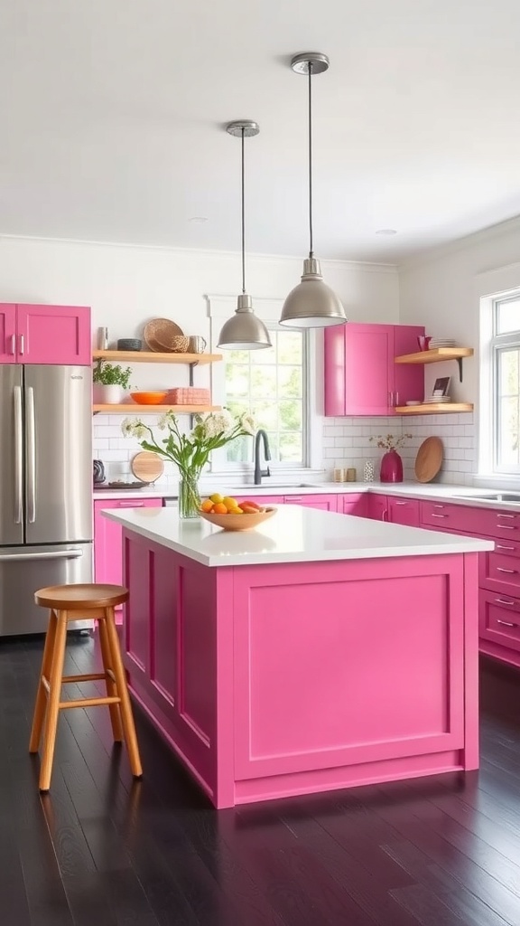 A bright pink kitchen island with a modern design, surrounded by wooden accents and stainless steel appliances.