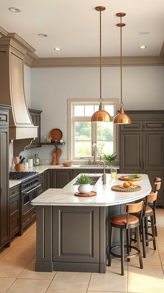 A spacious U-shaped kitchen island with a marble countertop and wooden bar stools.