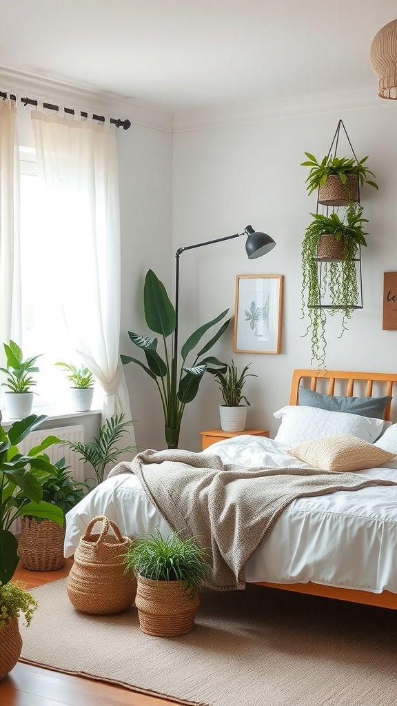 A cozy Scandinavian bedroom with various indoor plants, a neatly made bed, and warm lighting.