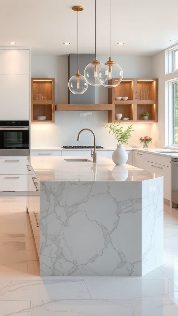 Stylish kitchen island with quartz countertop and modern lighting