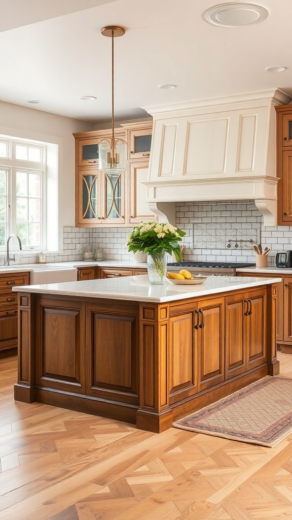 Traditional raised panel kitchen island with wooden cabinetry and a marble countertop.