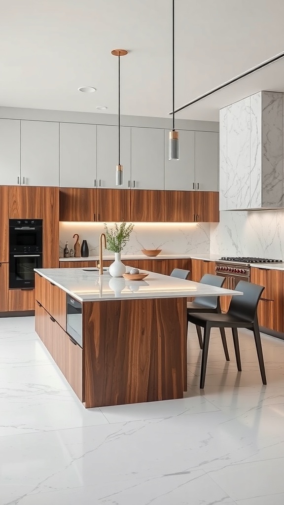 A stylish kitchen island featuring a marble top and wooden base, with modern chairs and pendant lights.