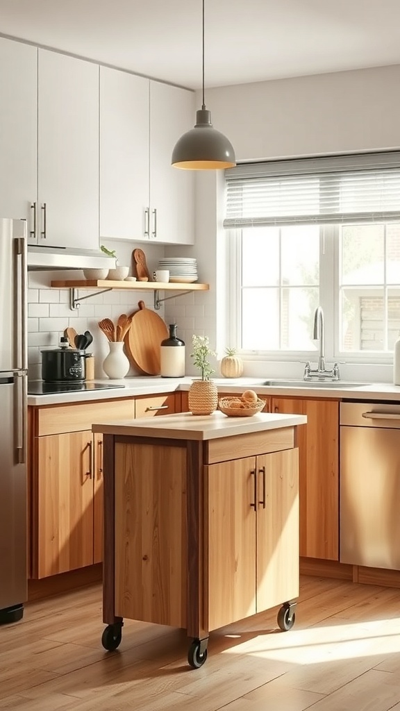 A compact mobile kitchen island with wooden cabinets and wheels, placed in a bright kitchen.