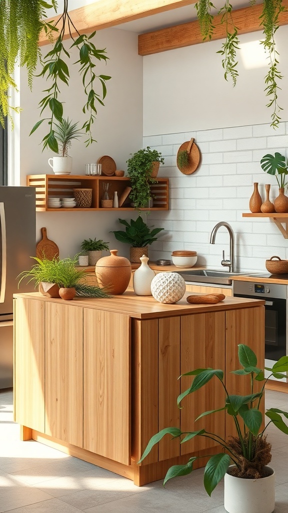 Eco-friendly bamboo kitchen island with plants and natural decor