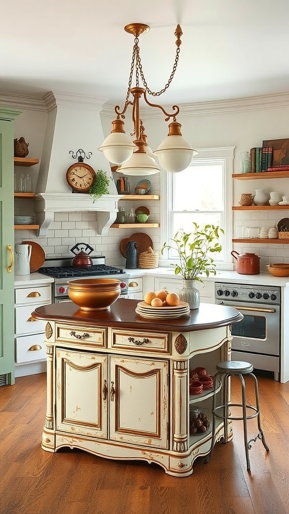 A vintage kitchen island with antique fixtures, featuring a wooden top and decorative details, surrounded by a cozy kitchen setting.