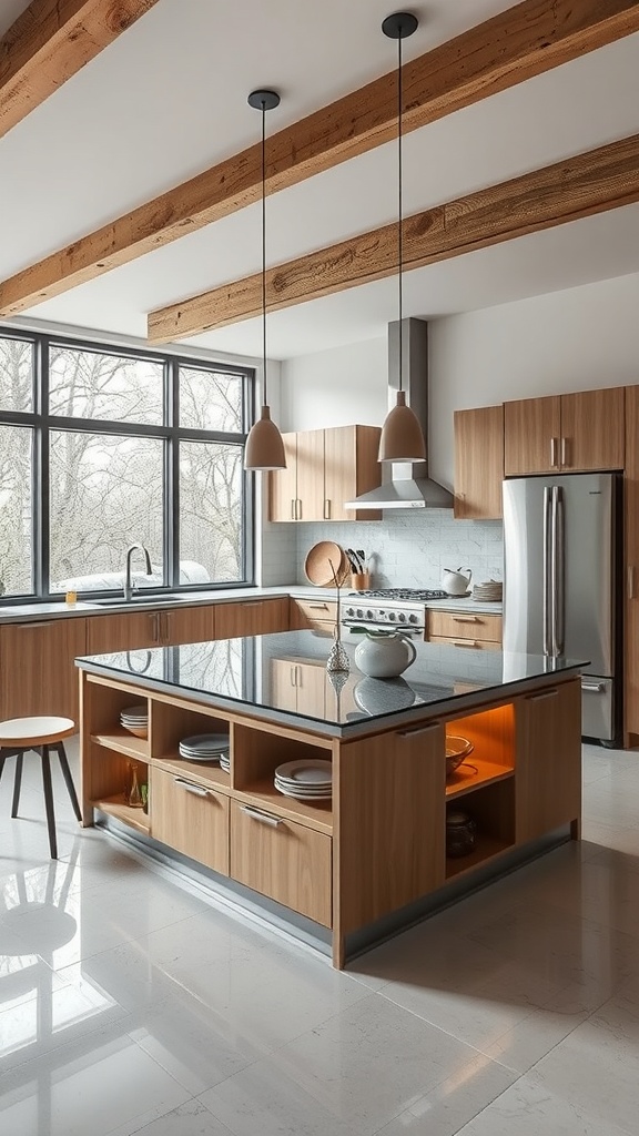 Stylish kitchen island featuring a glass top and storage compartments.