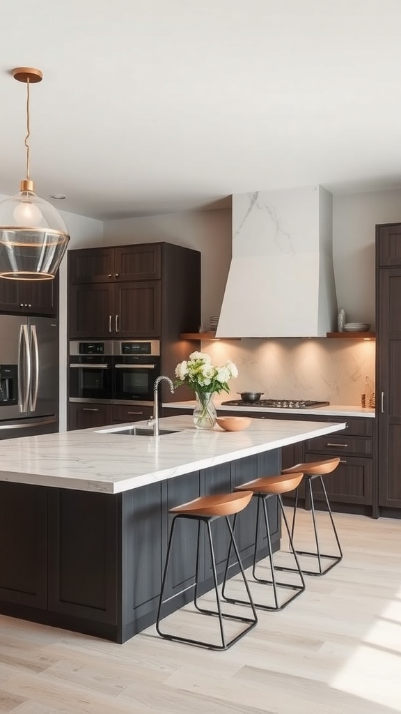 Stylish L-shaped kitchen island with modern design and seating.