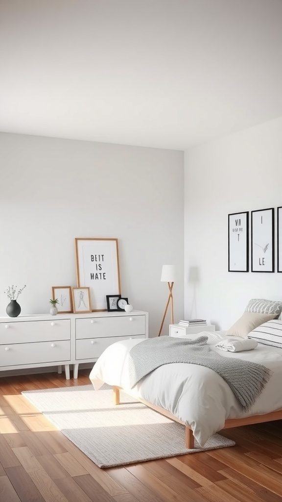 A minimalistic Scandinavian bedroom featuring functional furniture, natural light, and a cozy atmosphere.