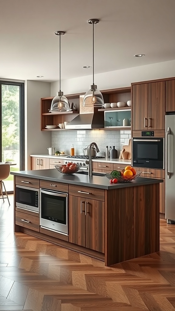 Stylish kitchen island featuring built-in appliances and a modern design.