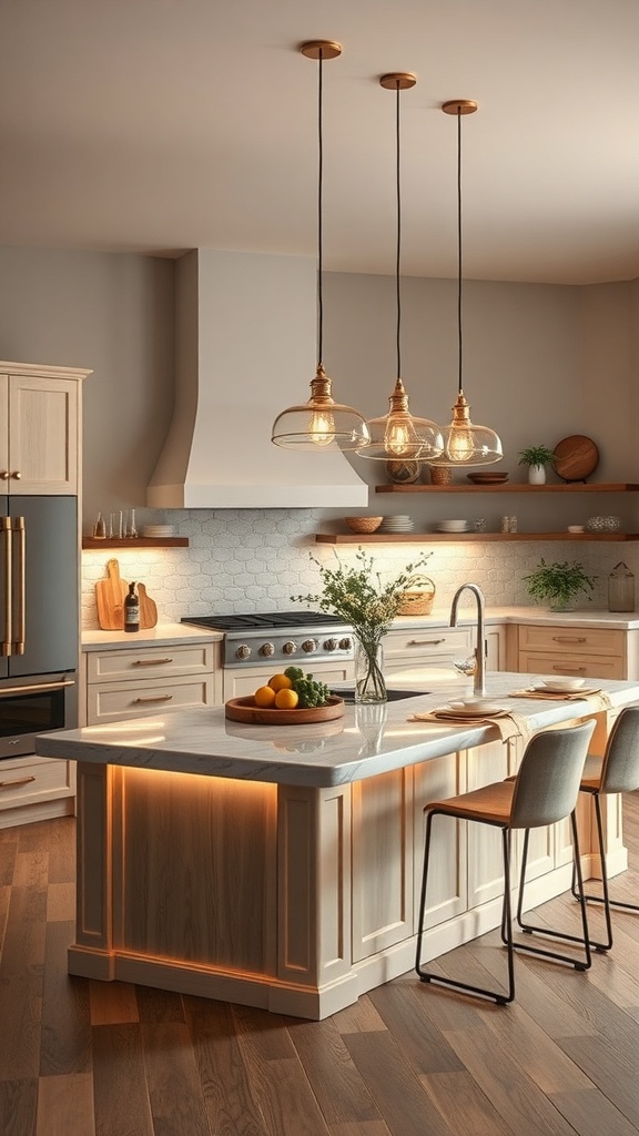 A stylish kitchen island featuring pendant lights, natural wood, and marble.