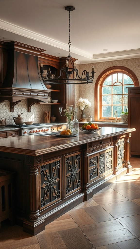 A beautifully crafted kitchen island with intricate details and a warm wooden finish.