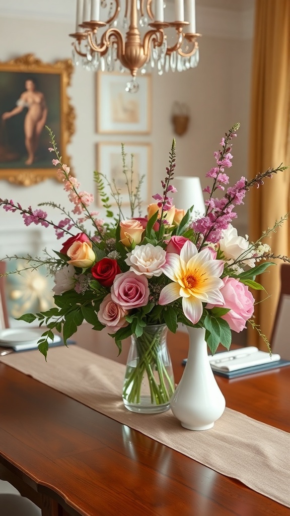 A vibrant floral centerpiece featuring roses and lilies on a dining table.