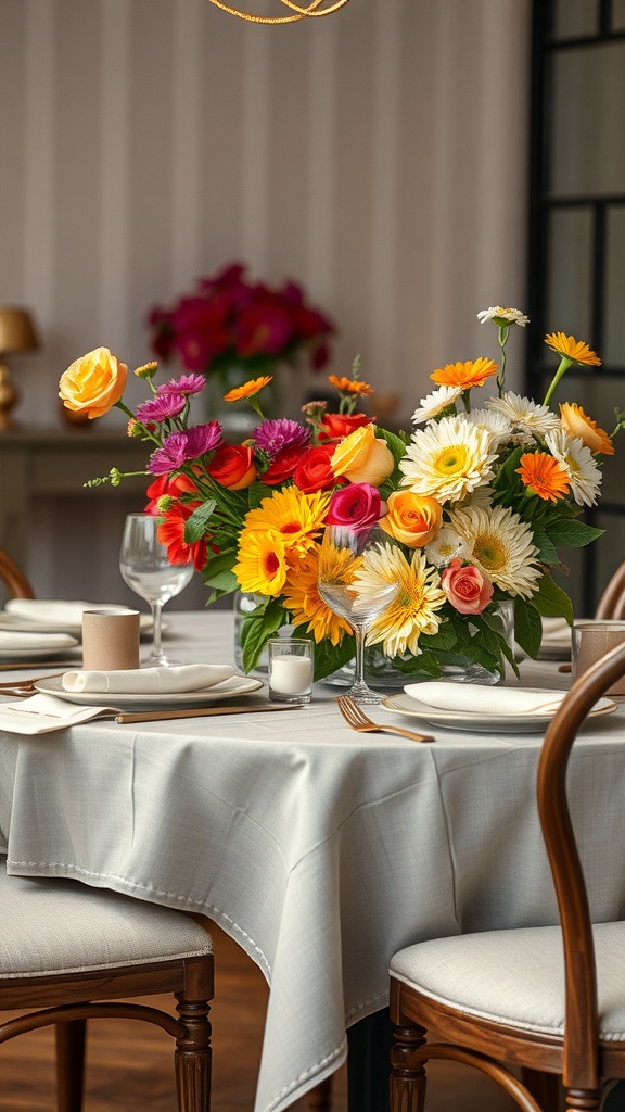 A dining table decorated with vibrant seasonal flowers in a centerpiece.