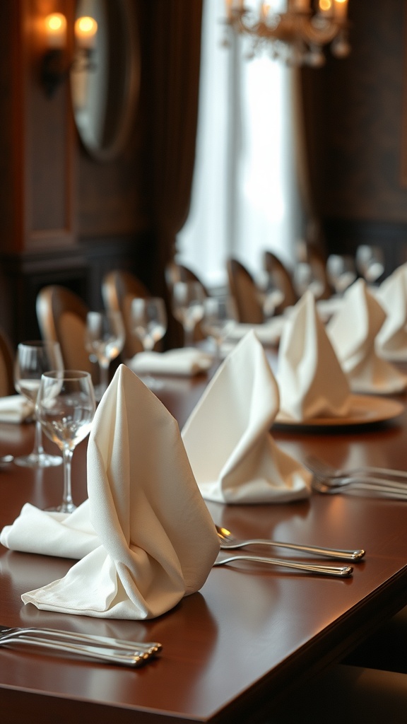 A beautifully set dining table featuring elegantly folded napkins.