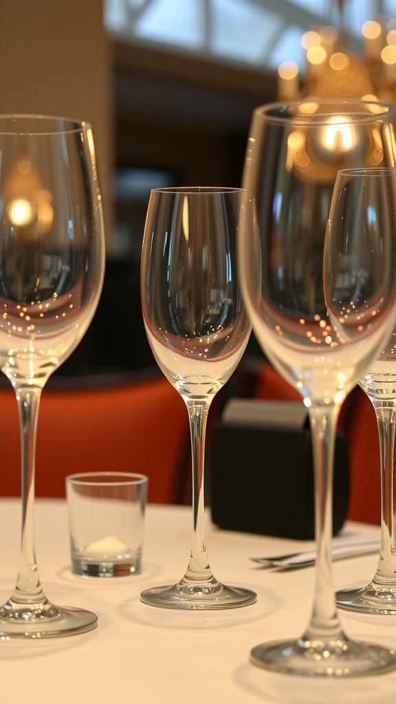A close-up view of elegant glassware on a dining table.