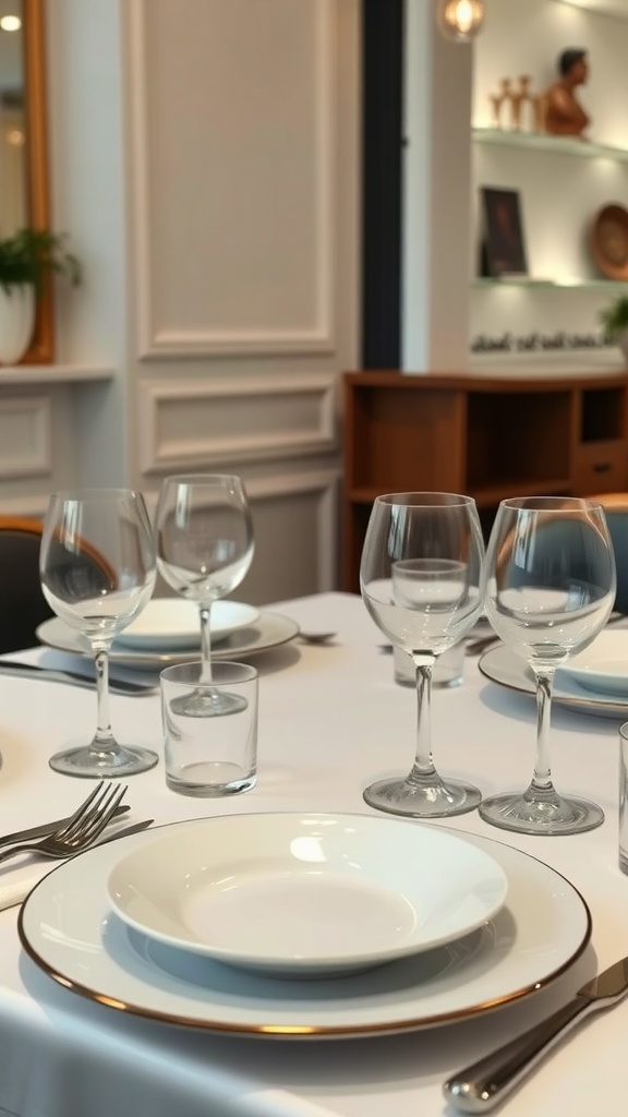 Chic dining table setting with white plates and crystal glassware.