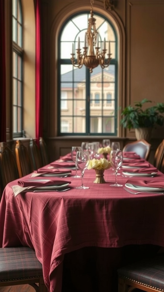 Luxurious dining table with rich red linens and elegant tableware.