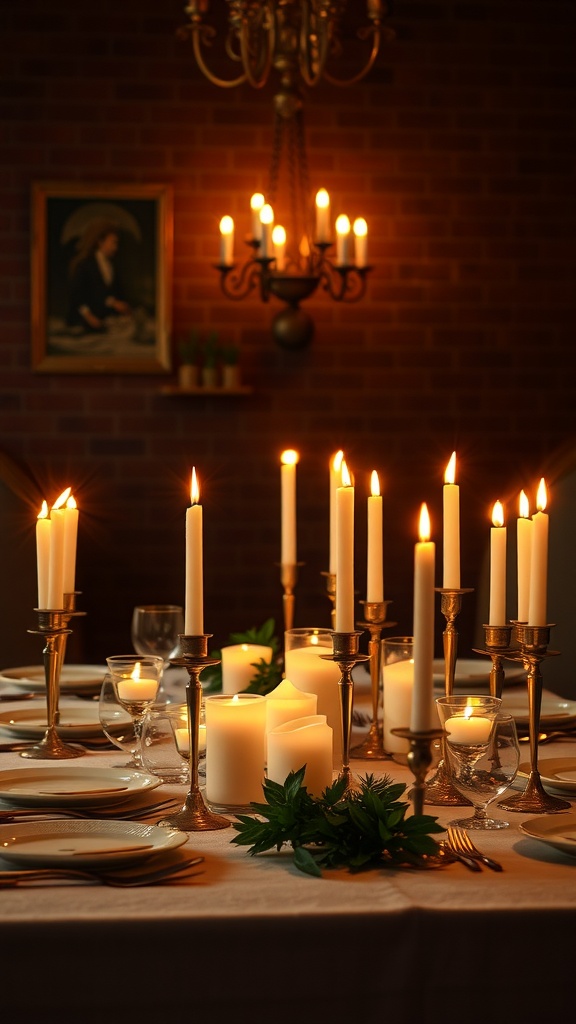 A beautifully set dining table with candles and greenery, creating a warm and inviting atmosphere.