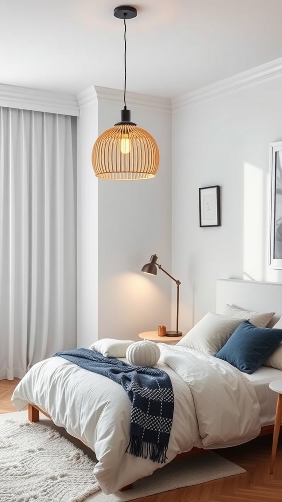 A Scandinavian bedroom featuring a woven pendant light and a stylish table lamp.