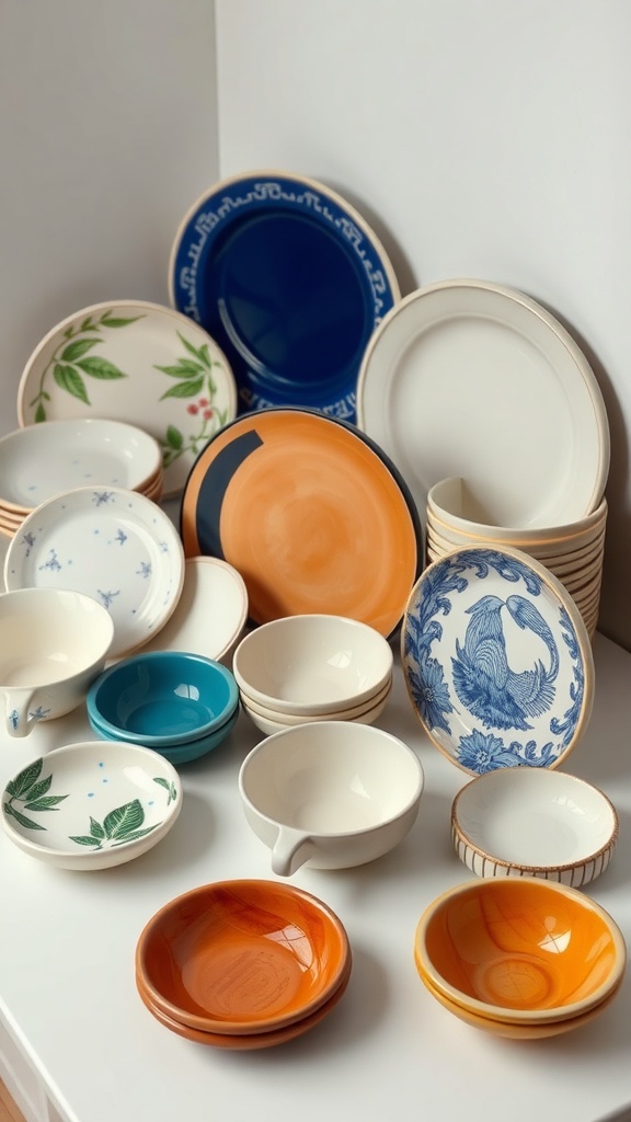 A collection of artistic tableware including colorful bowls and plates.