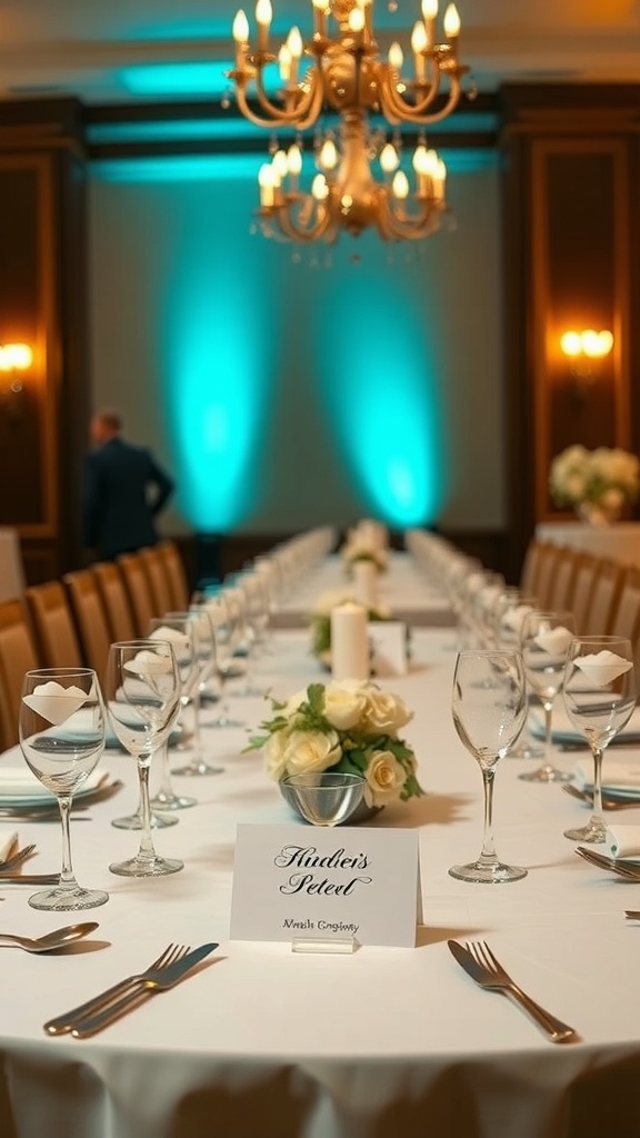 Elegant dining table with personalized place cards and floral centerpieces.