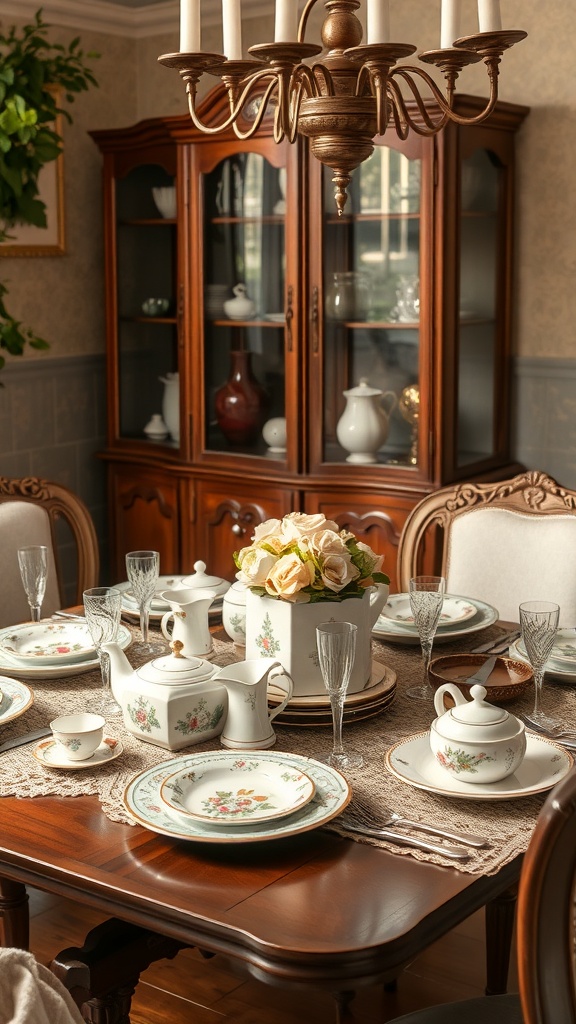 A vintage dining table set with floral china, lace table runner, and elegant glassware.