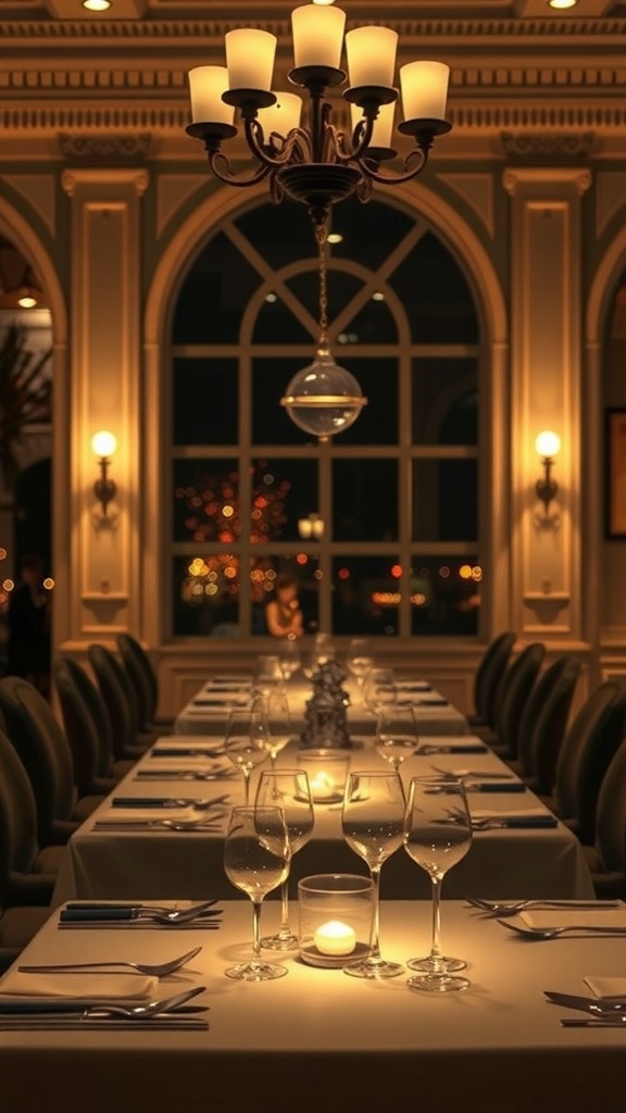 Elegant dining table with mood lighting, featuring candles and a chandelier.