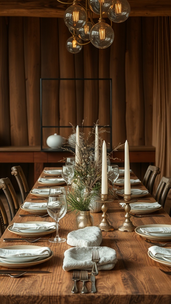 A beautifully set dining table with natural elements like greenery and candles.