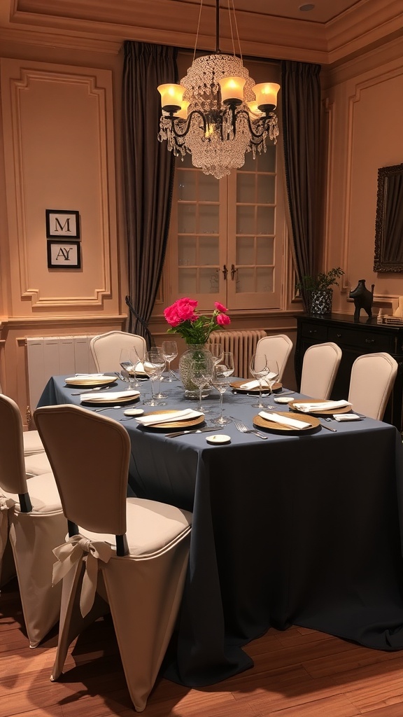 Elegant dining table set for a themed dinner party with flowers and stylish tableware.